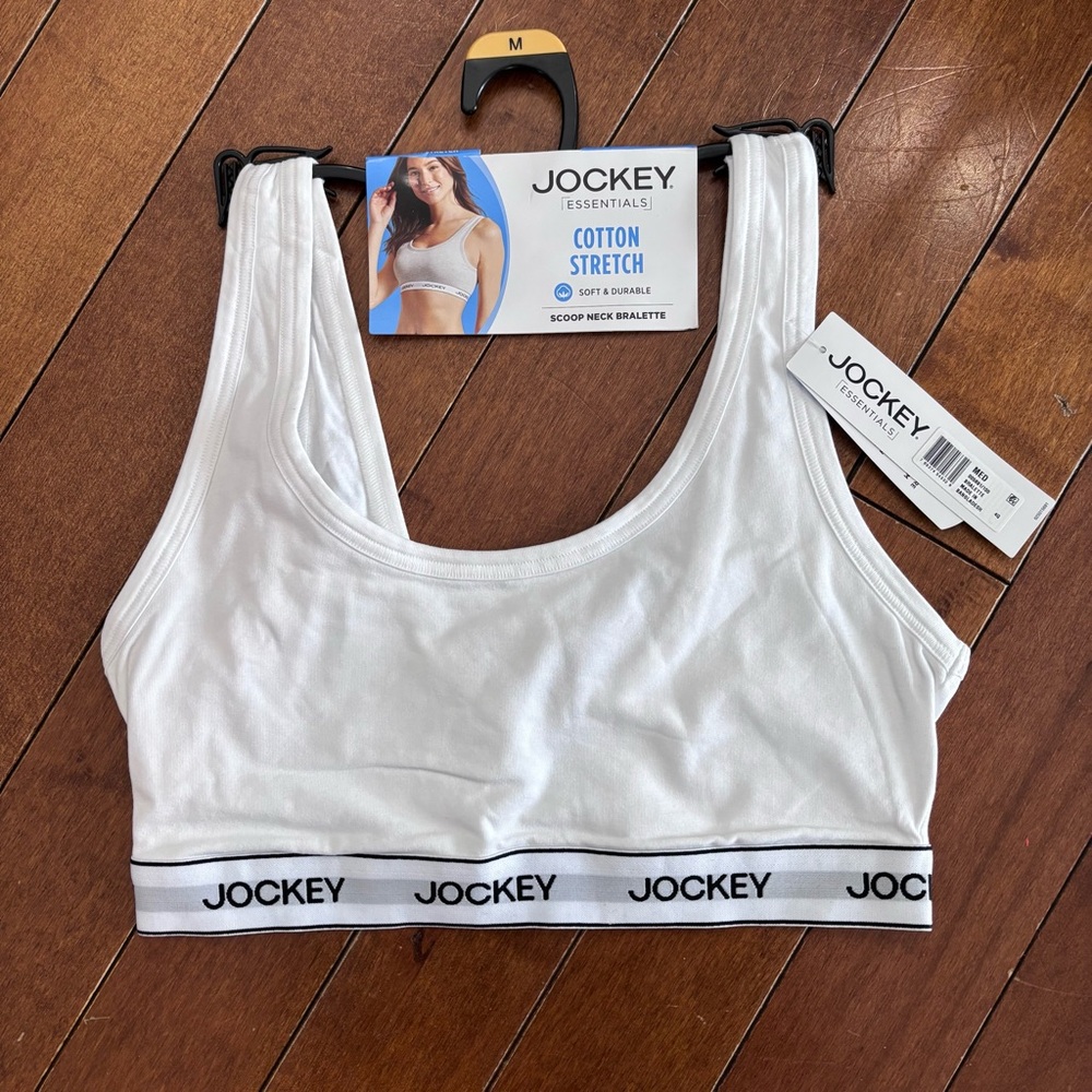 Jockey White Cotton Stretch Scoop Neck Bralette with Branded Band